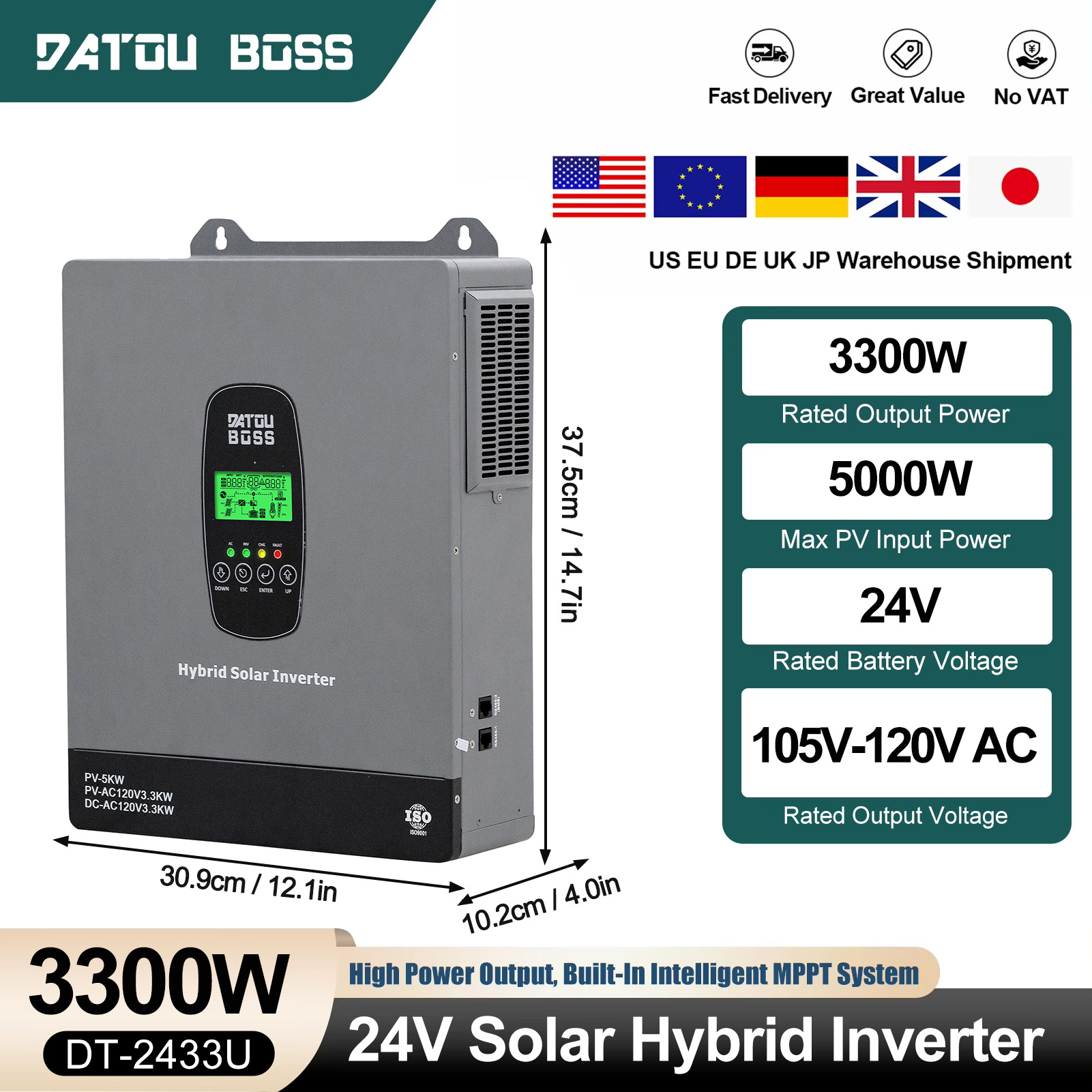 Drone Solar Charger - DATOUBOSS อินเวอร์เตอร์พลังงานแสงอาทิตย์ 3300W 24V คลื่นไซน์บริสุทธิ์ แรงดันไฟฟ้าขาออก
